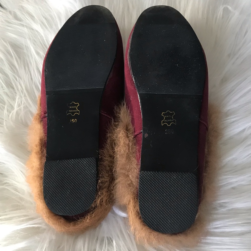 Burgundy suede slip on loafers rabbit fur trim - Picture 4 of 4